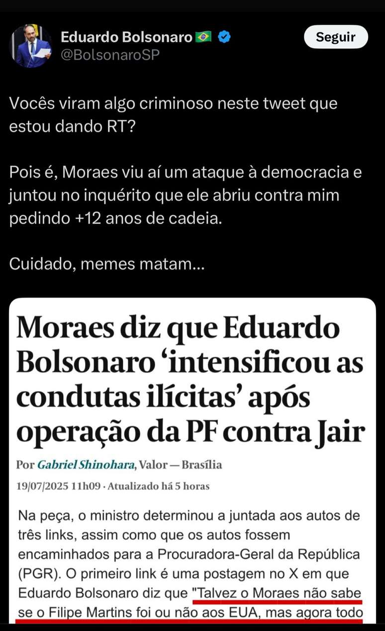 Eduardo Bolsonaro ameaça e tira sarro de Alexandre de Moraes