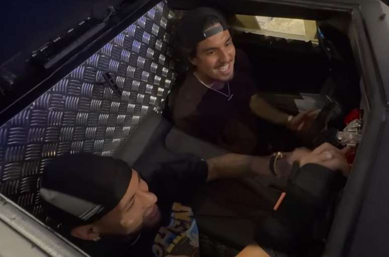 Gabriel Medina meets Neymar’s Batmobile during a visit to the player