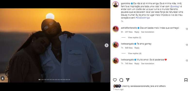 Post de Gominho para Preta Gil no Dia do Amigo, celebrado em 20 de julho &mdash;