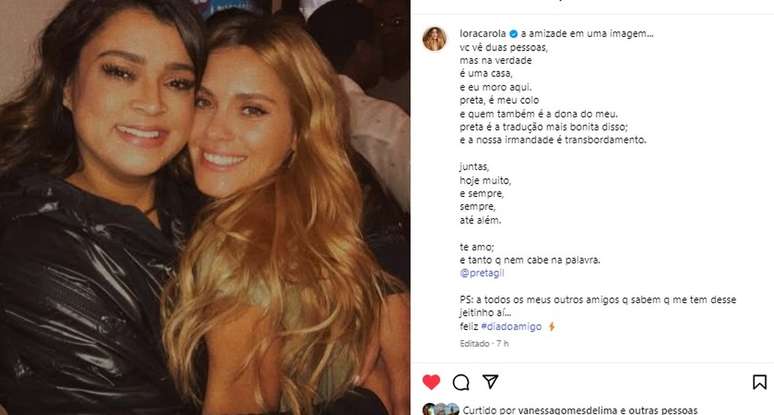 Post de Carolina Dieckmann para Preta Gil no Dia do Amigo, celebrado em 20 de julho &mdash;