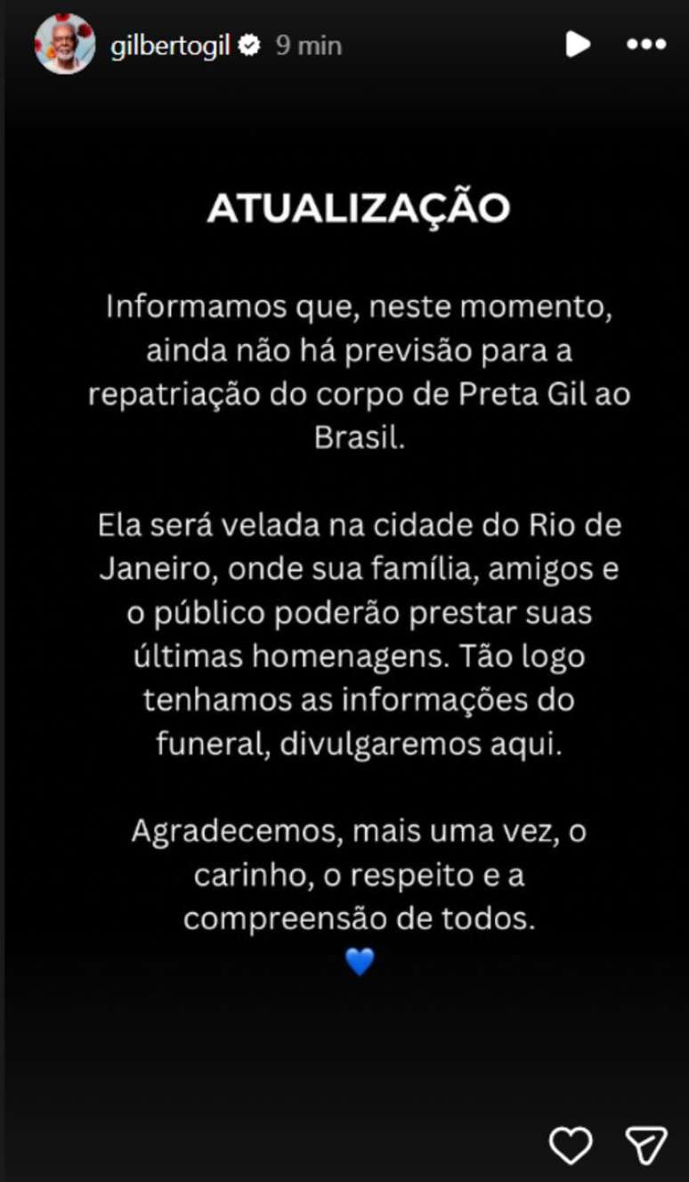 Gilberto Gil atualiza informa&ccedil;&otilde;es sobre vel&oacute;rio de Preta Gil.