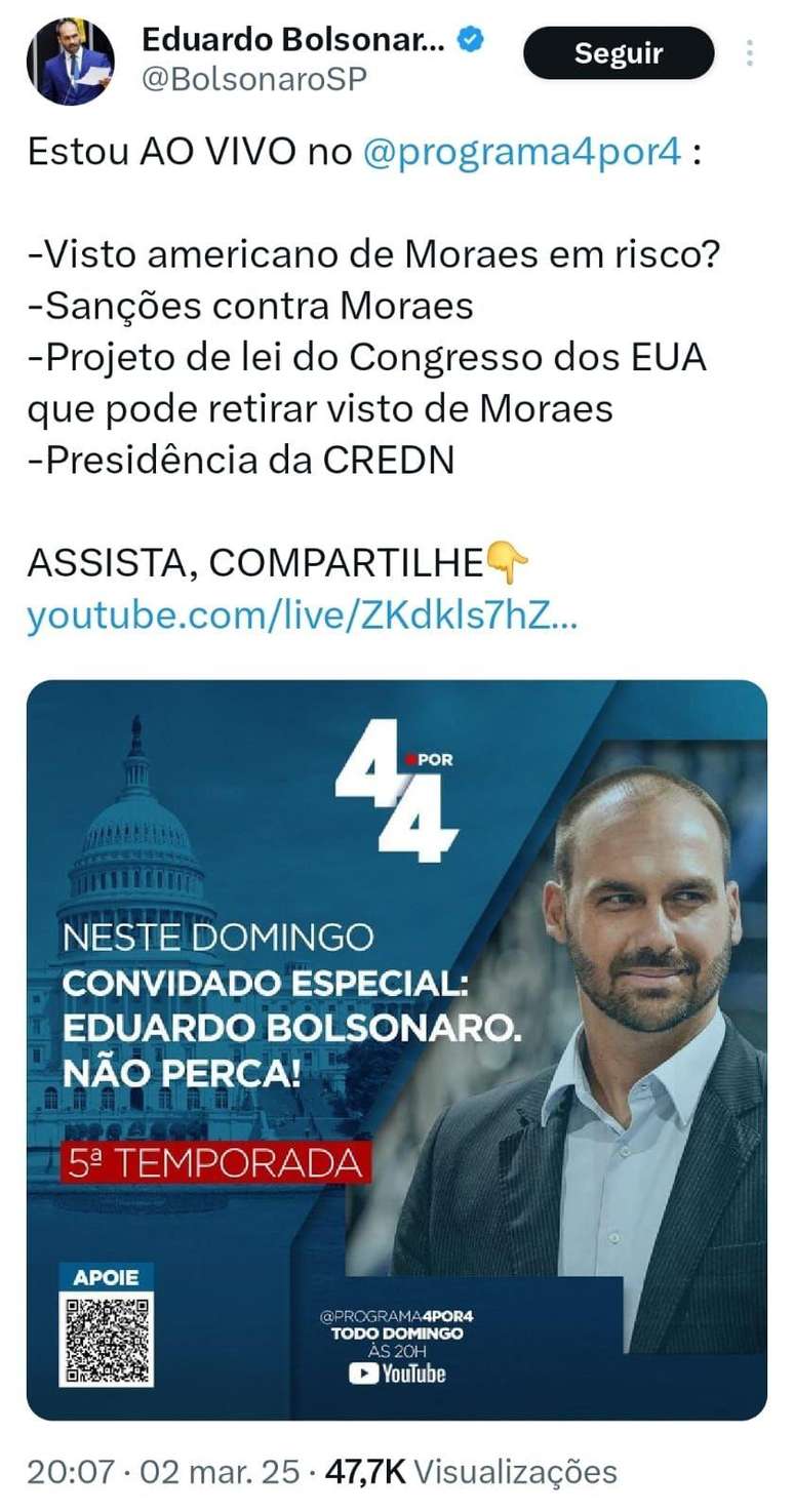 Postagem de Eduardo Bolsonaro no X falando sobre san&ccedil;&otilde;es contra Moraes e projeto de lei do Congresso dos EUA que pode tirar visto de Moraes, citada na decis&atilde;o de Alexandre de Moraes