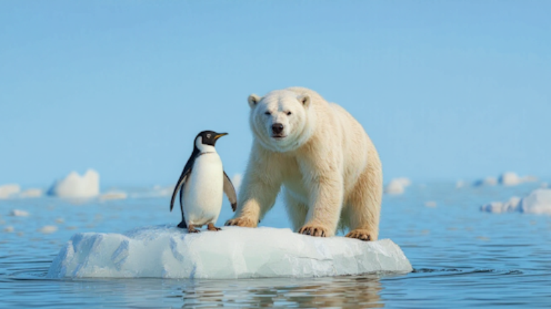 Uma imagem impossível: gerado por Inteligência Artificial, este registro da visita de um pinguim ao habitat de um urso polar, no Ártico, nunca aconteceu e muito provavelmente jamais acontecerá. Barreiras para a expansão geográfica que envolvem o clima, a geografia, limitações evolutivas profundas e padrões comportamentais enraizados restringem a capacidade dessas aves de conquistar novos territórios.