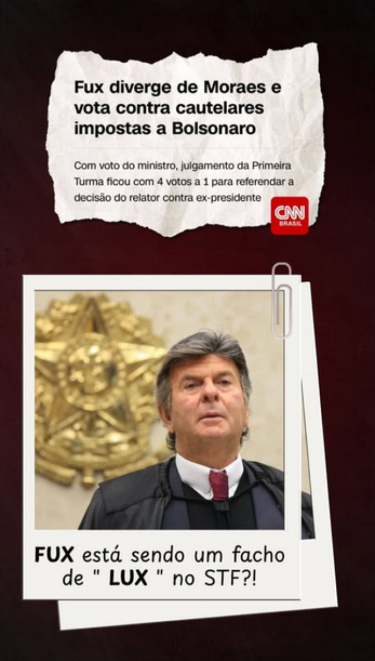 Publica&ccedil;&atilde;o compartilhada por Michelle Bolsonaro com trocadilho com nome do ministro Luiz Fux