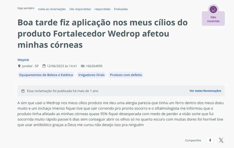 Outros clientes denunciaram o produto no Reclame Aqui