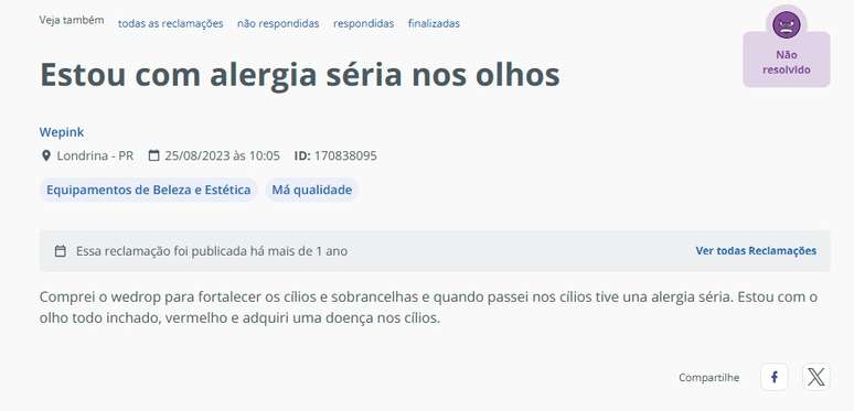 Outros clientes denunciaram o produto no Reclame Aqui