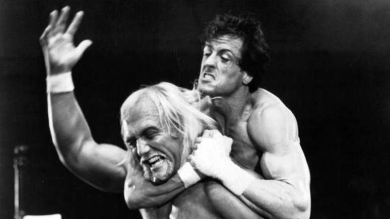 Hulk Hogan no set de Rocky III com Sylvester Stallone