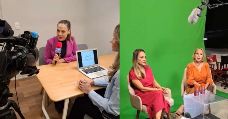 Marcela Troiano segue os passos da mãe, Claudete: à esquerda, em gravação de matéria; ao lado, as duas no estúdio de um comercial