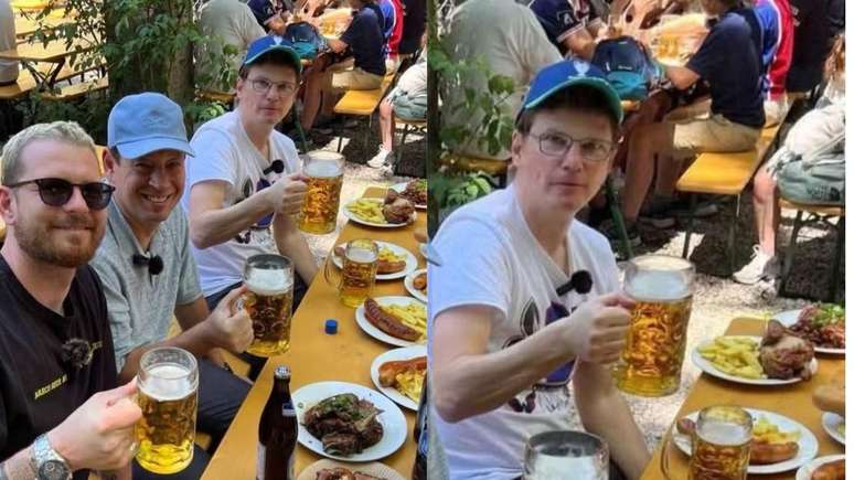 Andrey Arshavin de óculos e boné azul ao lado de amigos