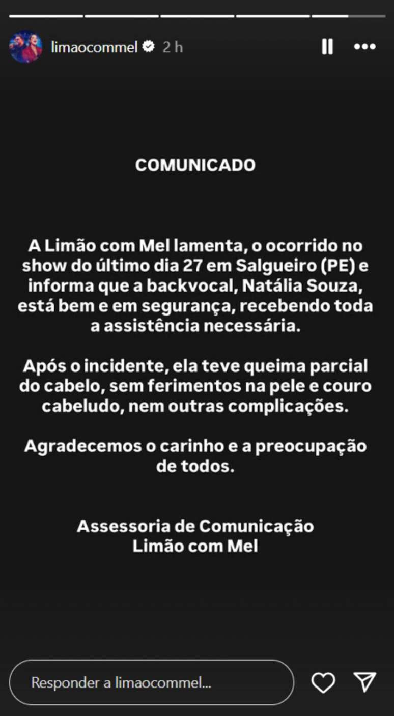 Nathy Souza foi atendida por bombeiros e passa bem, segundo nota oficial da banda
