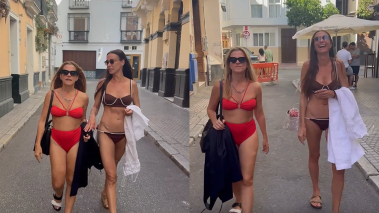 Ingrid Guimar&atilde;es e M&ocirc;nica Martelli saem de biqu&iacute;ni na rua