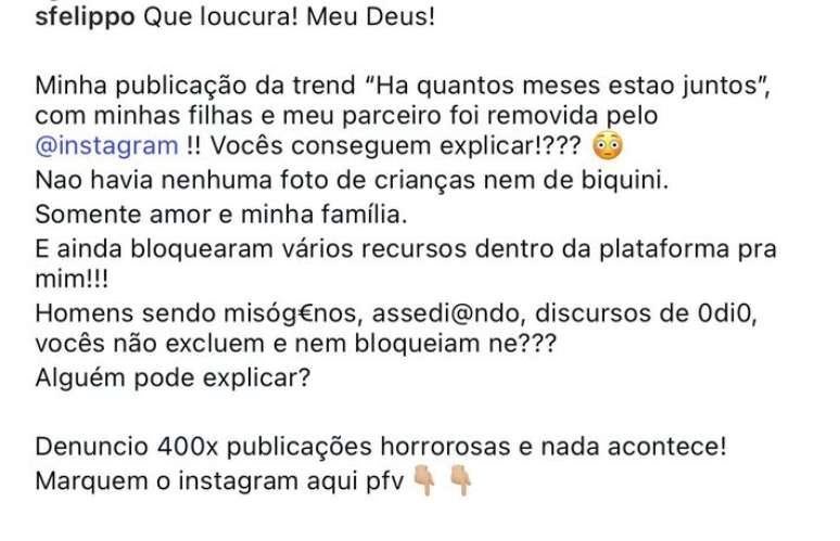 Samara Felippo fala sobre publicação banida por "nudez infantil" em seu perfil.