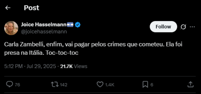 A ex-deputada federal Joice Hasselmann afirmou que Zambelli &ldquo;vai pagar pelos crimes que cometeu&rdquo;. 