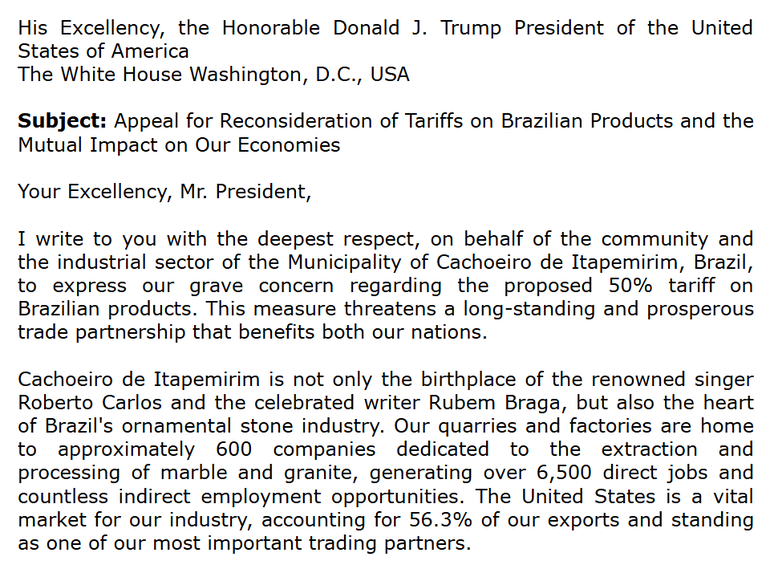 Trecho da carta enviada pela prefeitura de Cachoeiro a Trump: men&ccedil;&atilde;o aos filhos ilustres Roberto Carlos e Rubem Braga