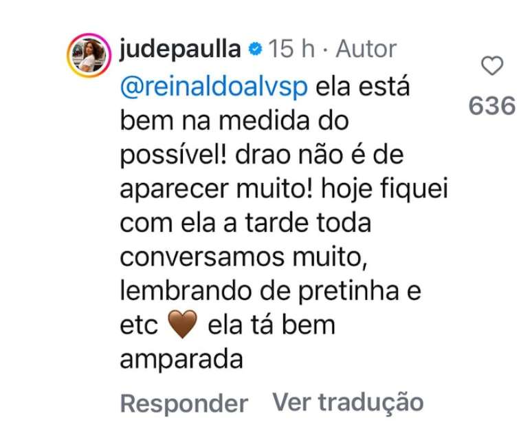 Jude Paulla replies as far as Sandra Gadelha, Drão, mother of Preta Gil is