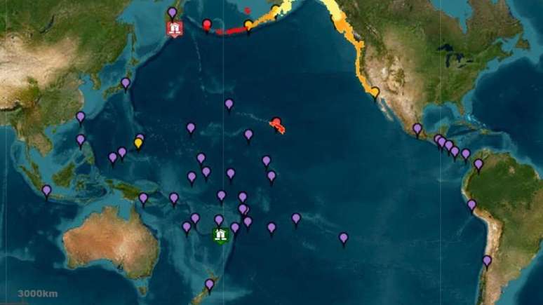 Mapa mostra pontos em que há preocupação com tsunami