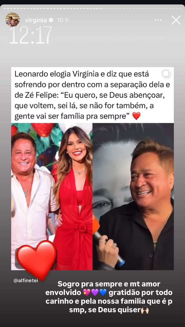 Virginia reage e responde Leonardo ap&oacute;s coment&aacute;rio sobre div&oacute;rcio