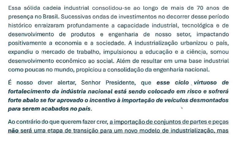 Trecho da carta das montadoras a Lula