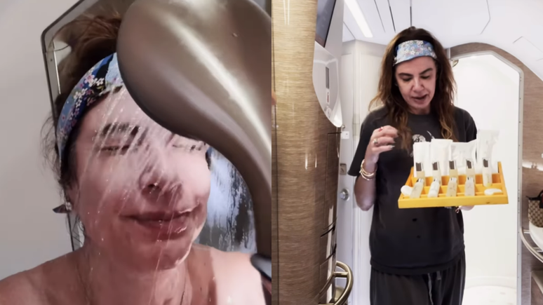 Luciana Gimenez shows the details of what it means to take a shower in the first class of a plane