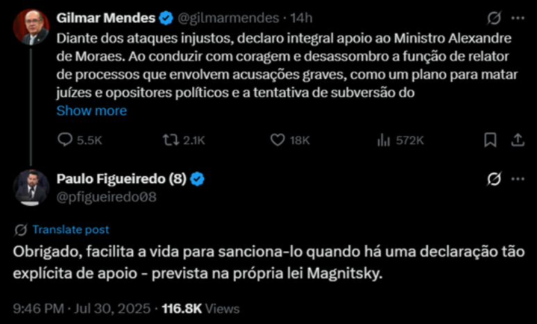 Apoiador de Bolsonaro reage a post de Gilmar Mendes sobre Moraes e insinua que ministro do STF também pode ser alvo de sanções dos EUA