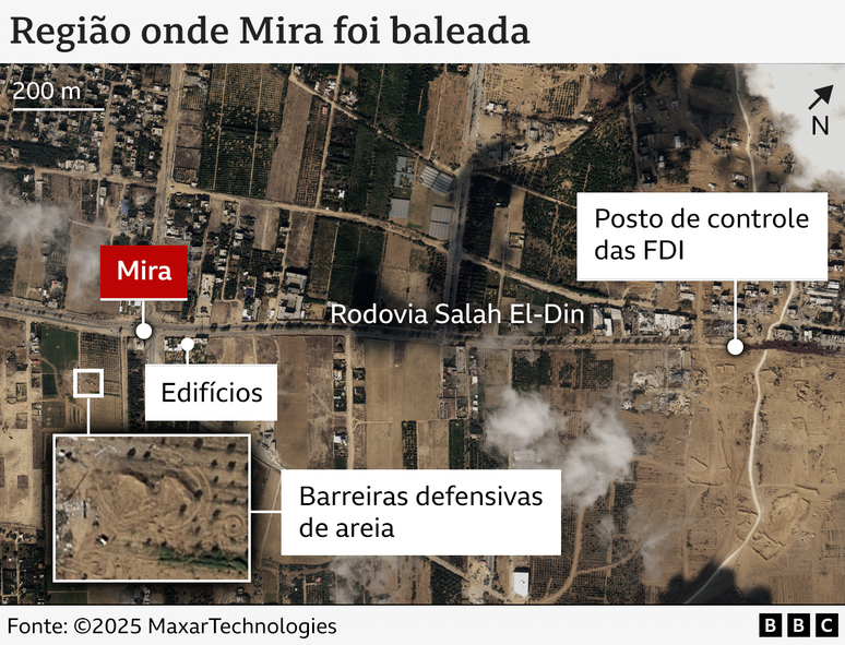 Gr&aacute;fico feito a partir de imagem de sat&eacute;lite mostra o local onde Mira foi baleada.