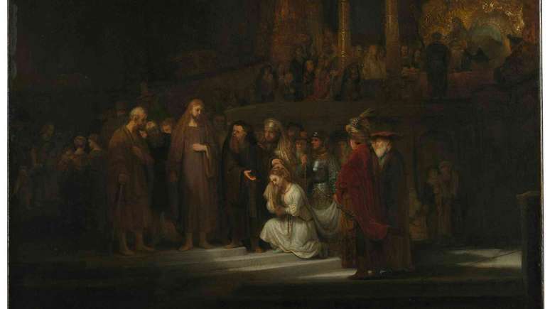 Close up de A Mulher Apanhada em Adult&eacute;rio, de Rembrandt(1644). National Gallery