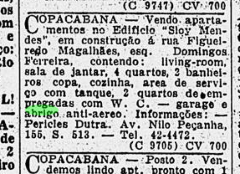 Classificado da &eacute;poca mostra abrigo antia&eacute;reo como um dos atributos de apartamento em Copacabana