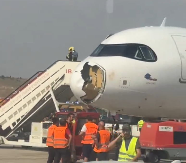 Passageiro grava como ficou bico do avião que se chocou com pássaro