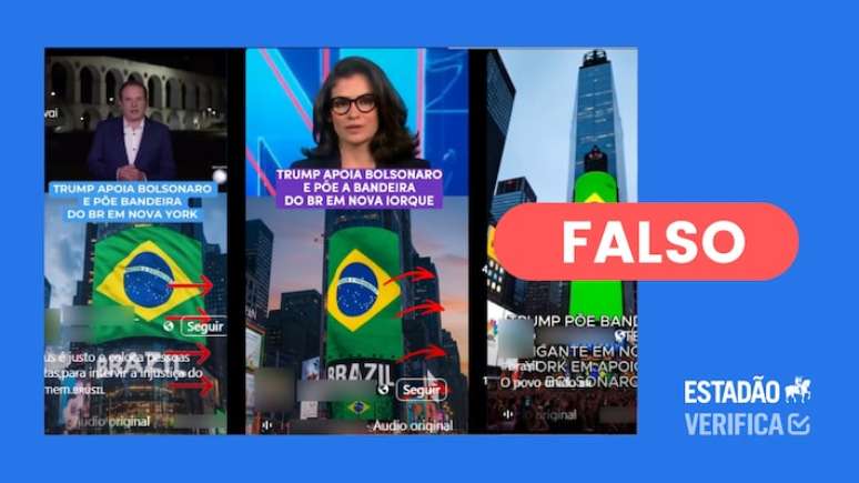 Suposta projeção da bandeira do Brasil na Times Square foi manipulada por IA em vídeos que circulam nas redes sociais