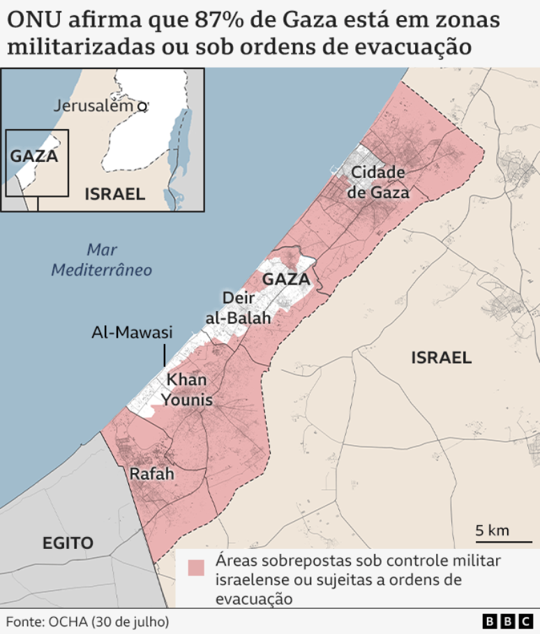 Gr&aacute;fico mostra zonas militarizadas ou sob ordens de evacua&ccedil;&atilde;o na Faixa de Gaza