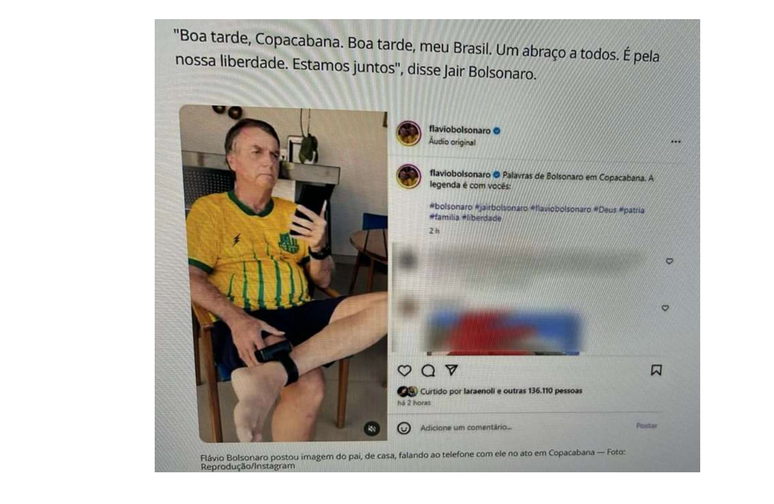 Captura de tela do perfil oficial do senador Flávio Bolsonaro (PL-RJ), filho do ex-presidente. A publicação mostra o momento em que Jair Bolsonaro se dirige, por telefone, aos manifestantes que participaram de atos em seu apoio