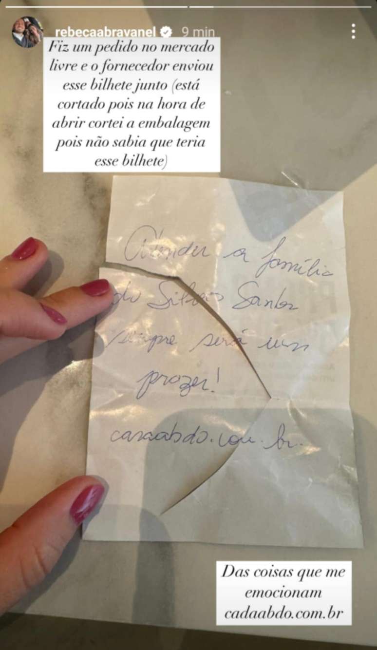 Rebeca Abravanel se emociona com bilhete