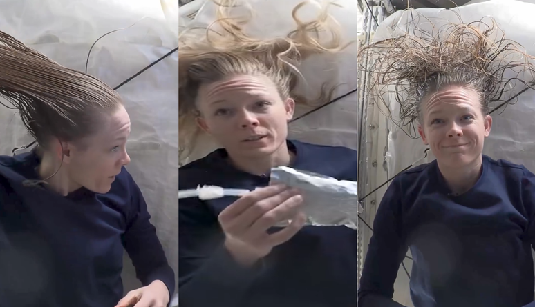 Nichole Ayers em vídeo sobre lavagem de cabelo no espaço