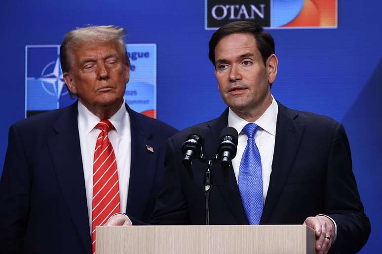 Donald Trump and Marco Rubio, secretary of state, during the NATO Conference Donald Trump and Marco Rubio, secretary of state, during the NATO Conference