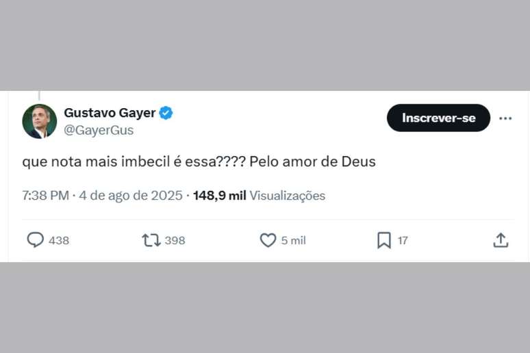 Gustavo Gayer (PL-GO) chamou de "imbecil" a nota oficial do PL sobre pris&atilde;o domiciliar de Jair Bolsonaro