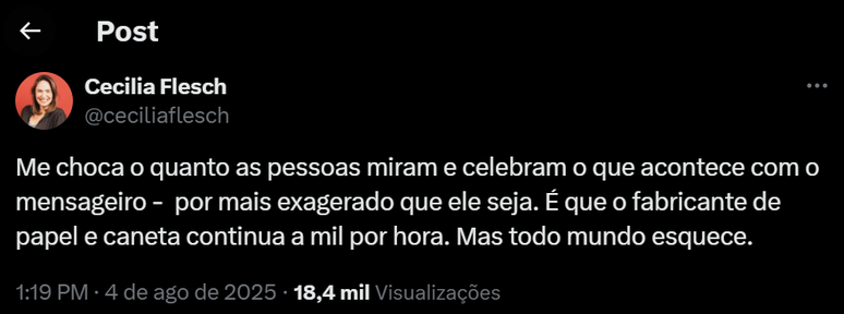 Publica&ccedil;&atilde;o de Cecilia Flesch ap&oacute;s sa&iacute;da de Daniela Lima da GloboNews