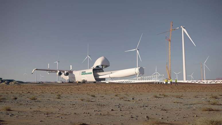 O WindRunner foi projetado para transportar p&aacute;s de turbinas e&oacute;licas de grandes dimens&otilde;es para pistas de pouso rudimentares (imagem gerada por computador)