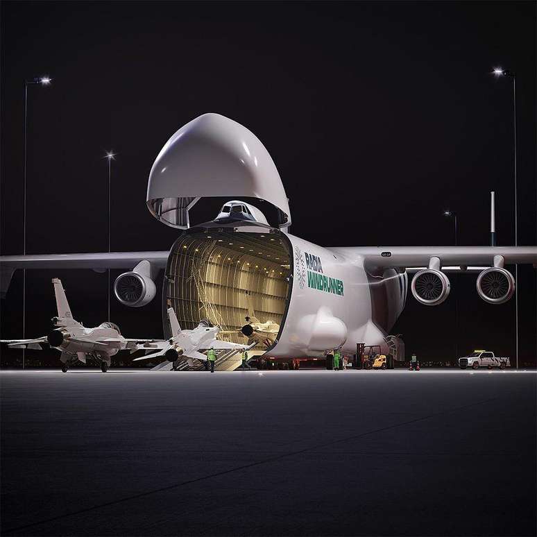 O WindRunner tamb&eacute;m poderia ser usado como avi&atilde;o militar para transporte de carga pesada, como a Radia mostrou nesta ilustra&ccedil;&atilde;o conceitual