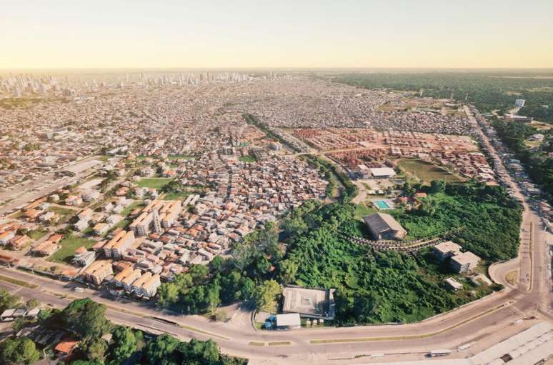 A avenida no canto direito é a Perimetral. Ela vai dar no Parque da Cidade, onde serão realizadas as principais atividades da COP 30.