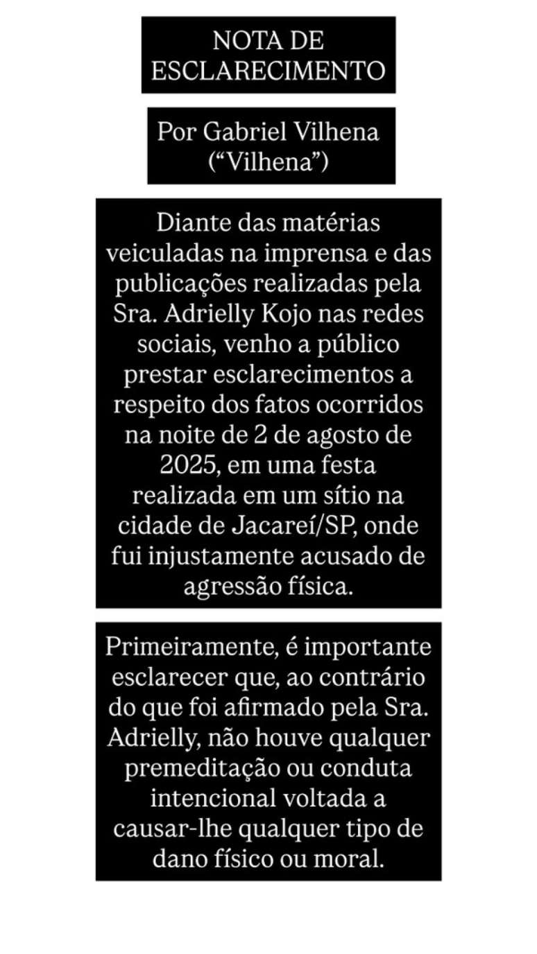 Pronunciamento de Gabriel Vilhena nas redes sociais