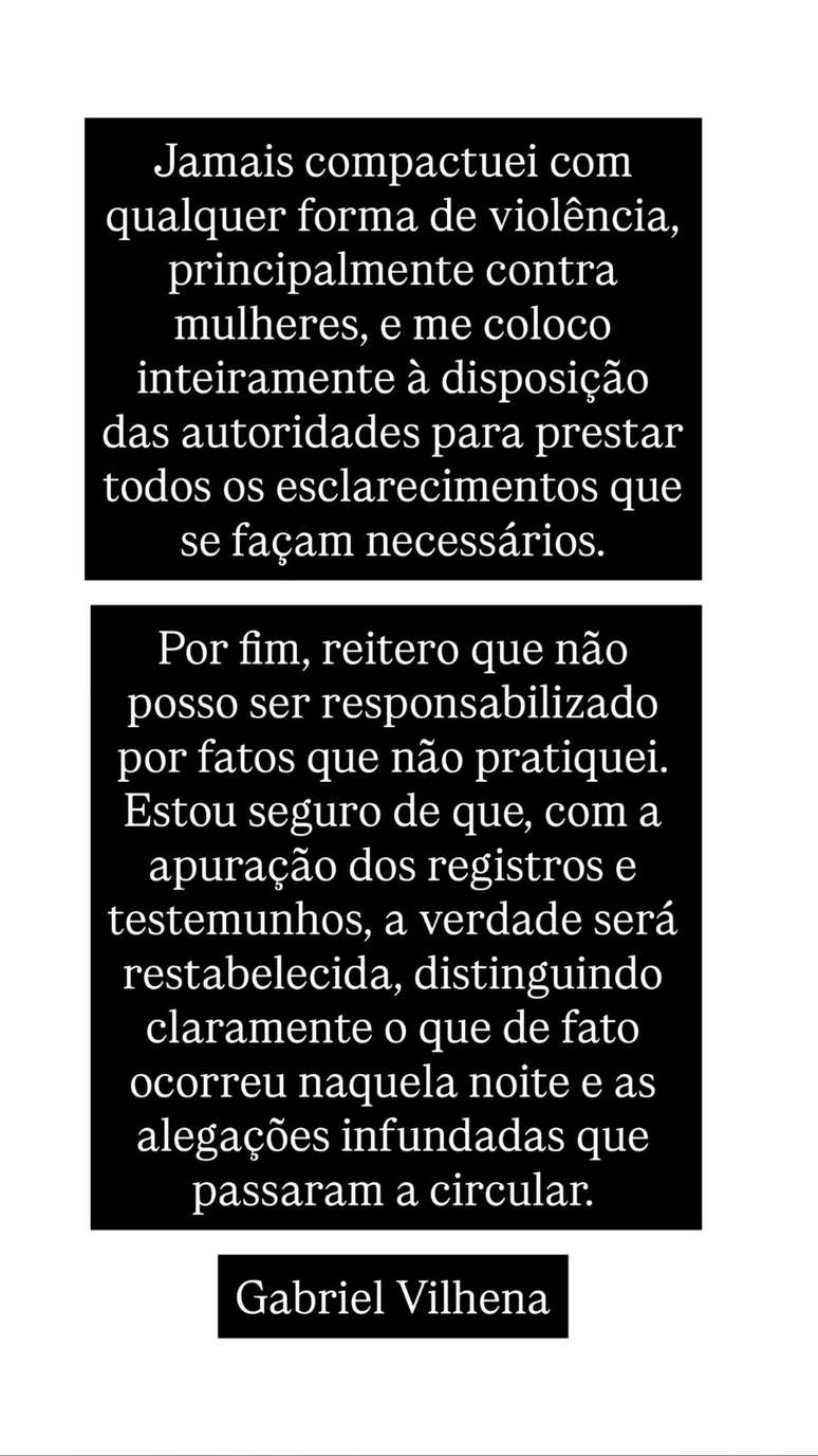 Pronunciamento de Gabriel Vilhena nas redes sociais