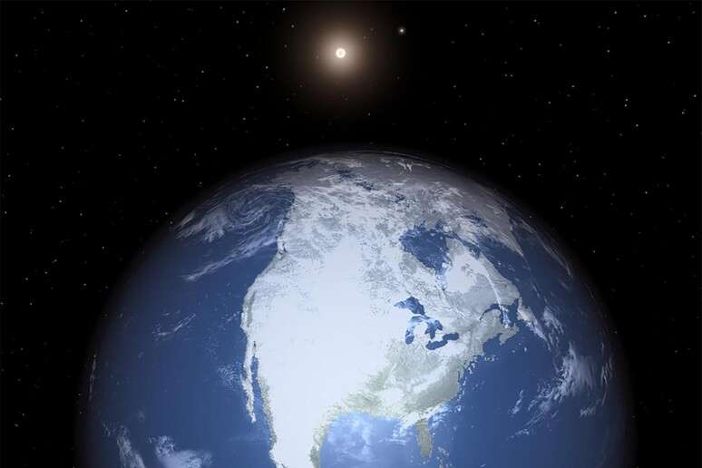 Representação artística de um planeta descoberto anteriormente em Alpha Centauri e da Terra