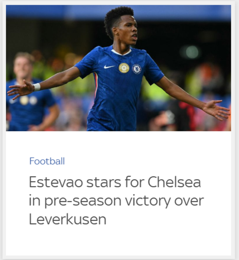 'Sky Sports' repercute estreia de Estêvão pelo Chelsea