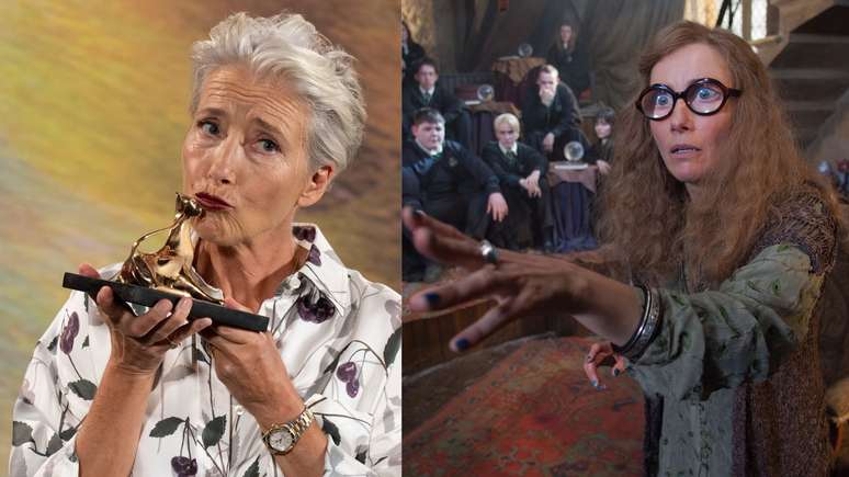 A esquerda temos a atriz Emma Thomspon e a direita a personagem Siibila Trelawney - Alessandro Levati/ Murray Close