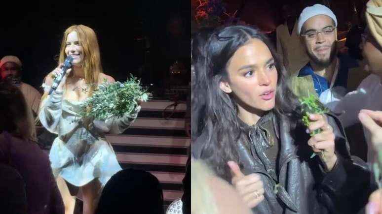 Bruna Marquezine tries to capture the Giovanna Ewbank bouquet in the renewal of the voting with Bruno Gagliano, but only gets the branches