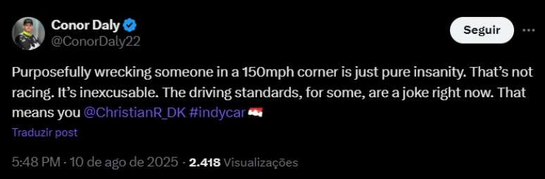 Tweet de Conor Daly sobre o incidente da corrida