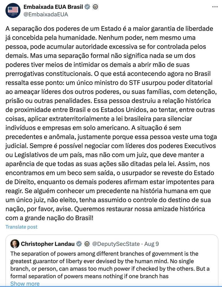 Tu&iacute;te da Embaixada dos EUA no Brasil feito no dia 9 de agosto