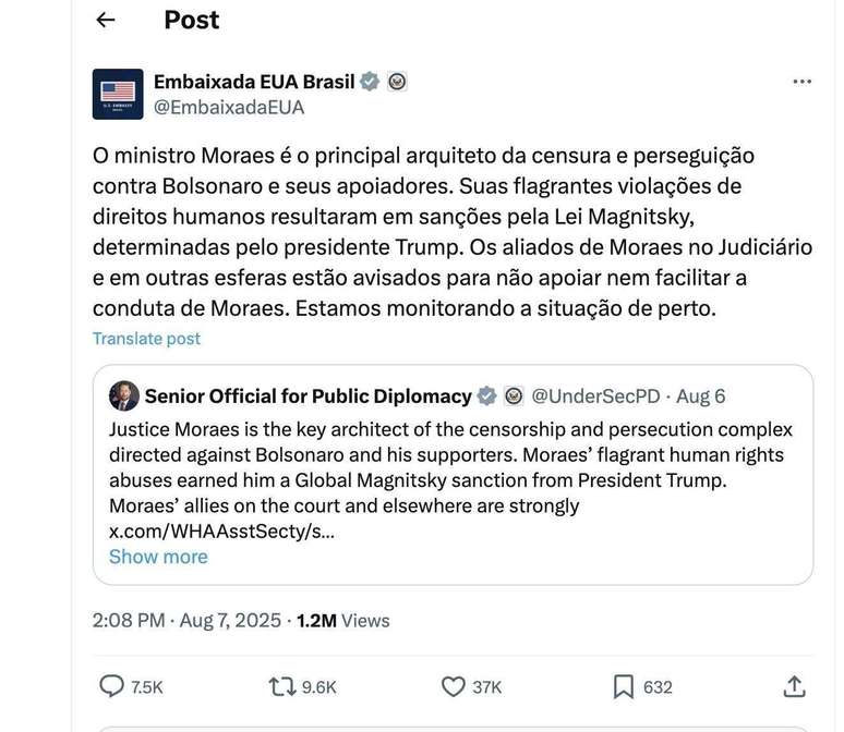 Post da Embaixada dos EUA no Brasil feito no dia 8 de agosto