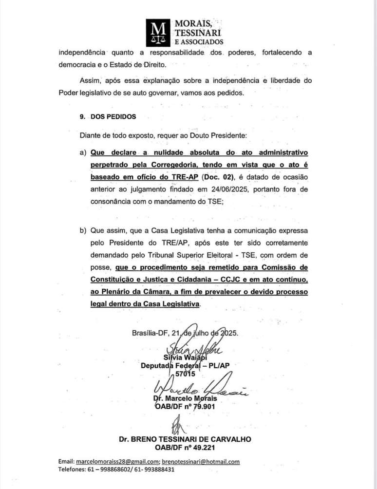 Marcelo Morais e Breno Tessinari atuaram como assessores jurídicos no gabinete de Silvia Waiãpi até 29 de julho, oito dias após assinarem o recurso em defesa pessoal da ex-deputada.