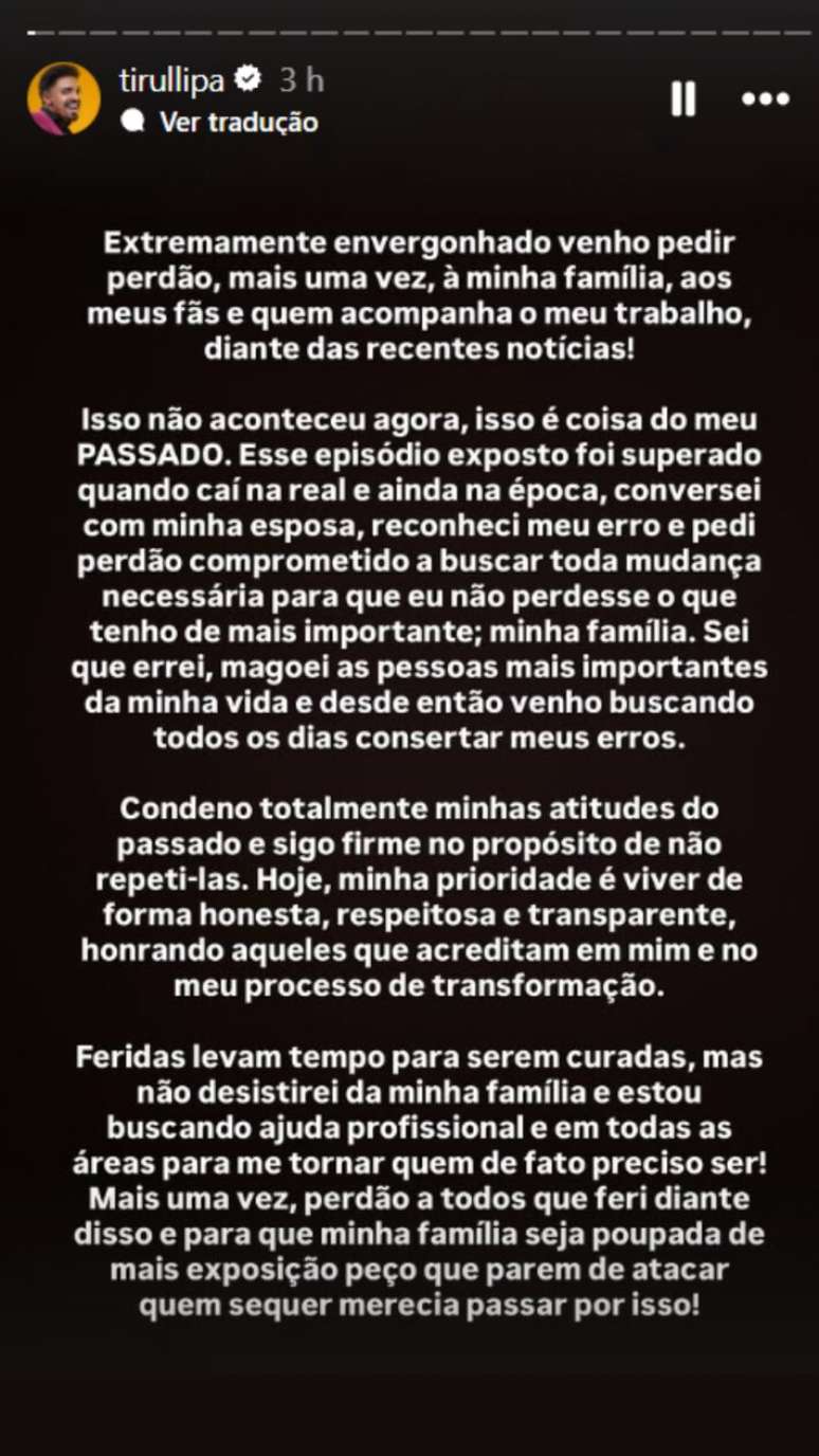 Comediante Tirullipa pede desculpas &agrave; fam&iacute;lia ap&oacute;s ter trai&ccedil;&atilde;o exposta na internet
